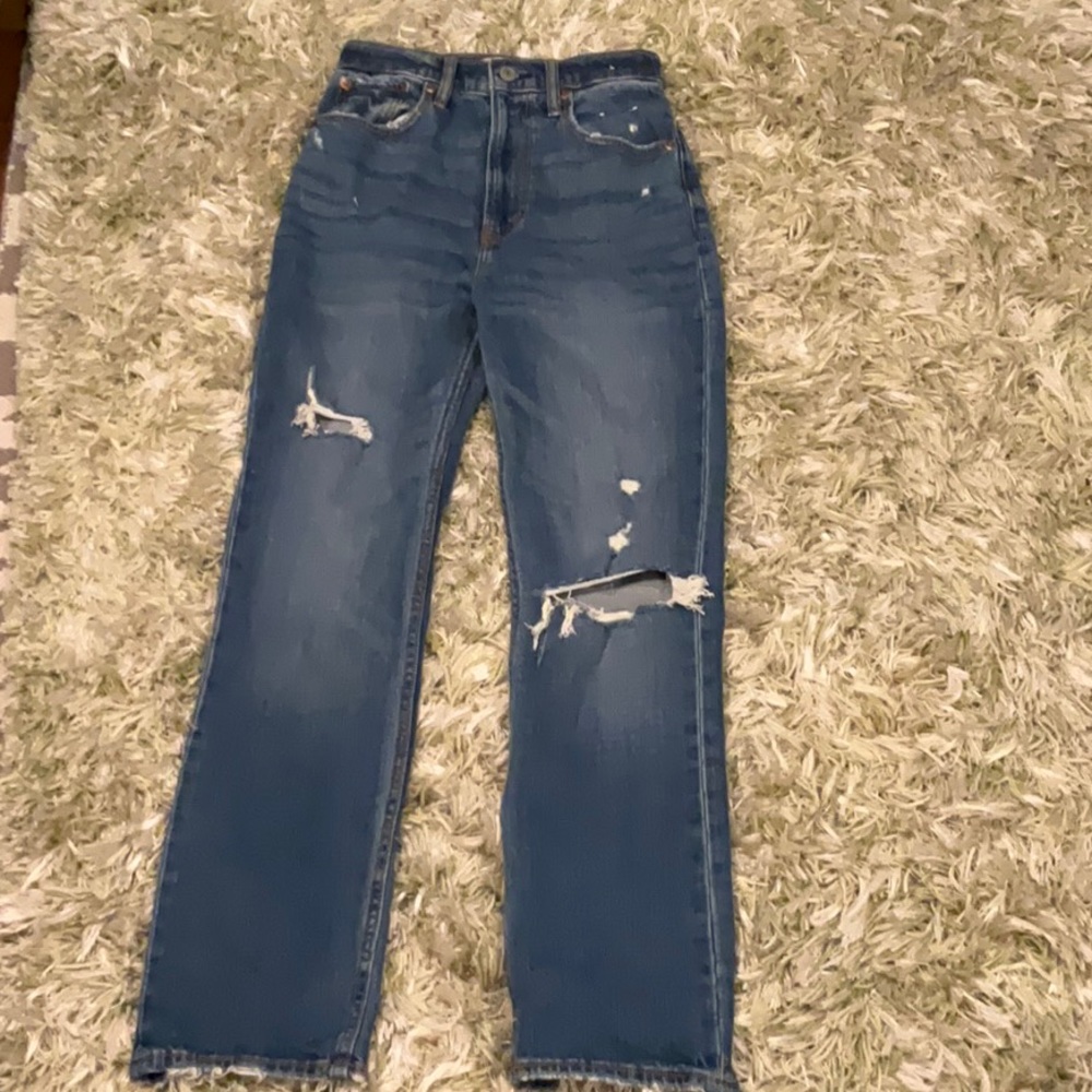 Dark blue distressed high-rise jeans
